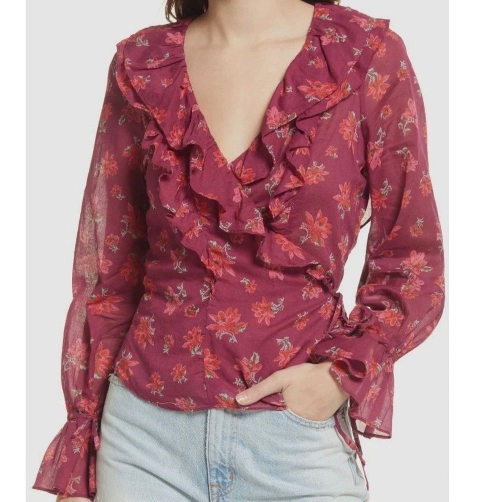 Free People Amanda Floral Ruffle Wrap Blouse Long Sleeve Top XS Purple/Pink